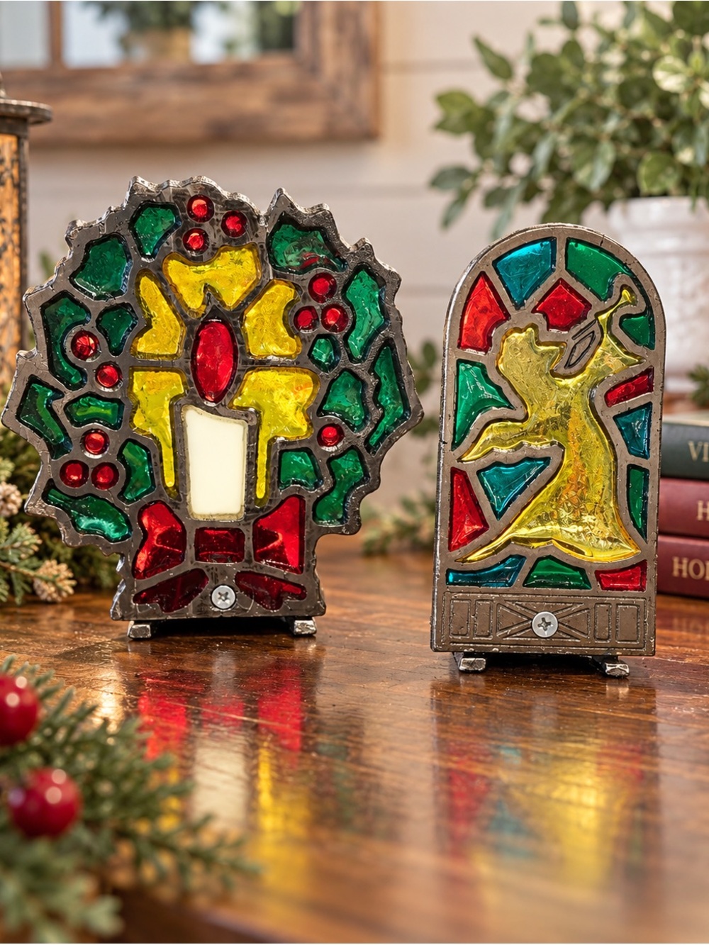 Vintage Stained Glass Christmas Tea Light Holders Angel Wreath Candle Set
